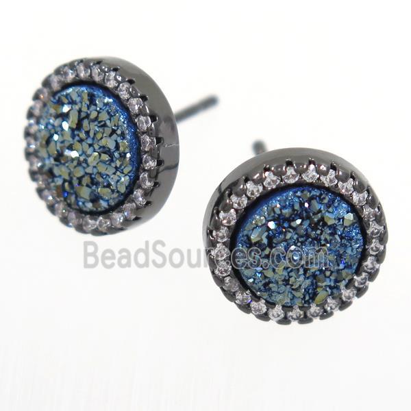 green Druzy Quartz earring studs paved zircon, circle, black plated