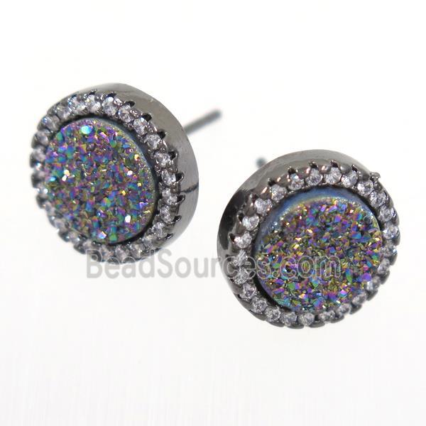 rainbow Druzy Quartz earring studs paved zircon, circle, black plated