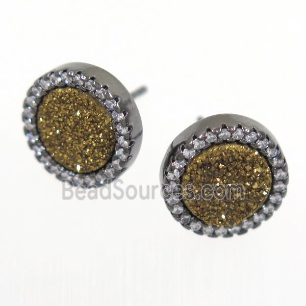 gold Druzy Quartz earring studs paved zircon, circle, black plated