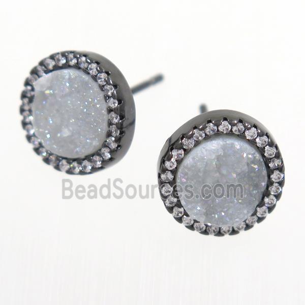 white AB-color Druzy Quartz earring studs paved zircon, circle, black plated