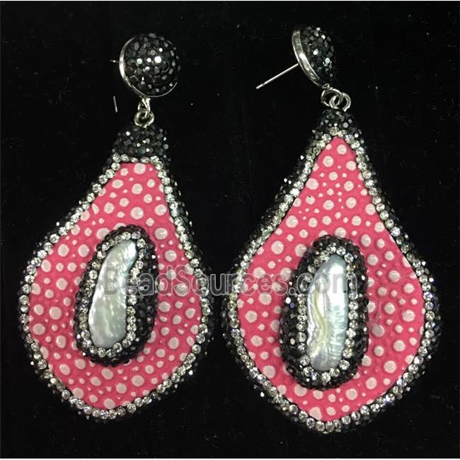 freshwater Pearl earring with pink PU leater pave rhinestone