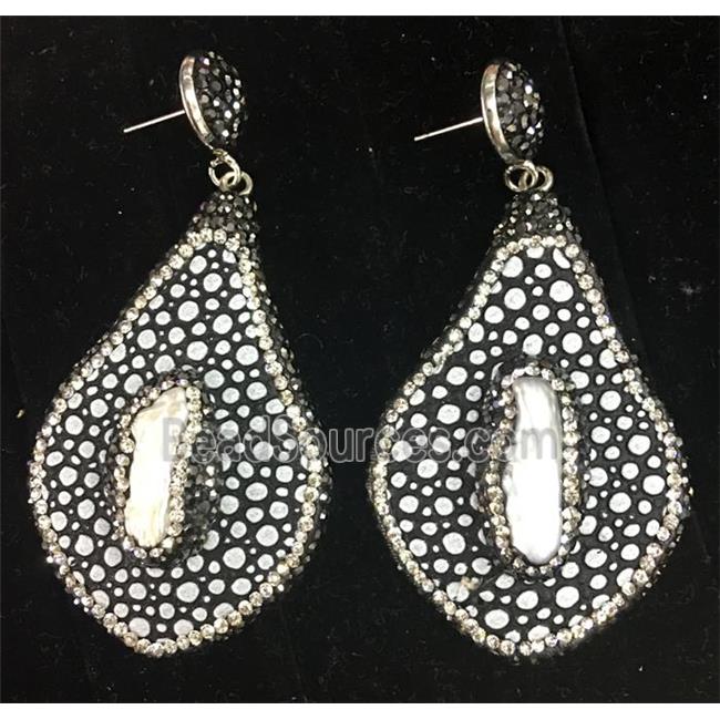 freshwater Pearl earring with white PU leater pave rhinestone