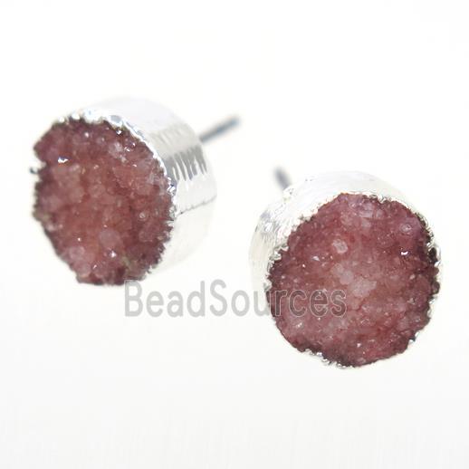 red druzy quartz earring studs, circle, silver plated