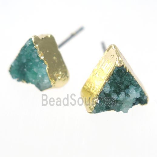 green druzy quartz earring studs, triangle, gold plated