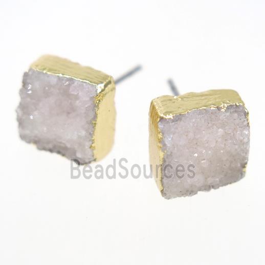 white druzy quartz earring studs, square, gold plated