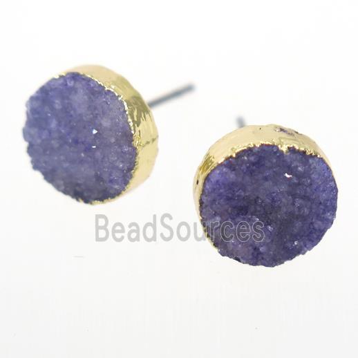 purple druzy quartz earring studs, circle, gold plated