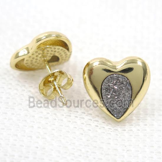 silver druzy quartz earring studs, heart, gold plated