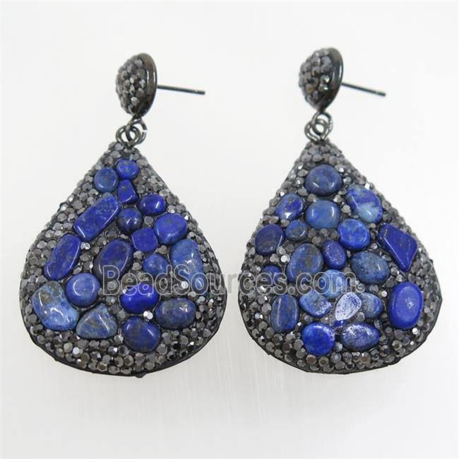 blue Lapis Lazuli earring paved rhinestone, teardrop