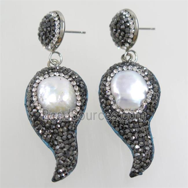 white Pearl earring paved rhinestone, comma