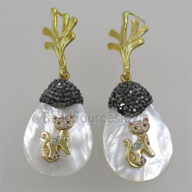 white Shell Earring pave rhinestone cat