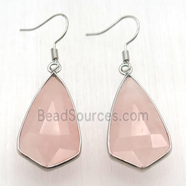 Rose Quartz teardrop Hook Earring, platinum plated