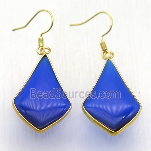 blue cat eye glass teardrop Hook Earring, gold plated