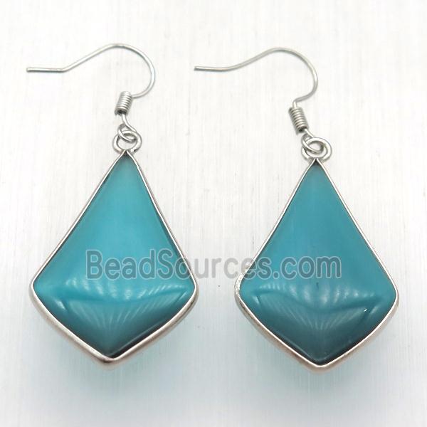 teal cat eye glass teardrop Hook Earring, platinum plated