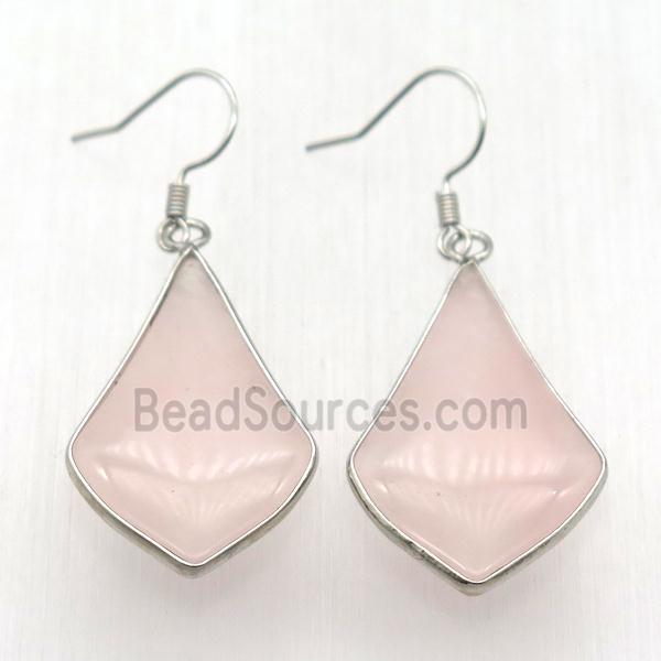 Rose Quartz teardrop Hook Earring, platinum plated