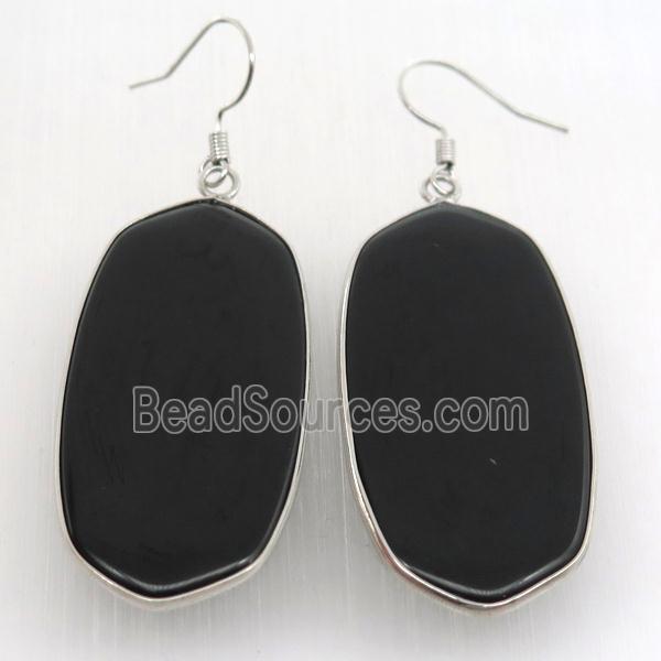 black cat eye glass oval Hook Earring, platinum plated