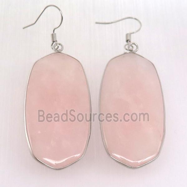 Rose Quartz oval Hook Earring, platinum plated