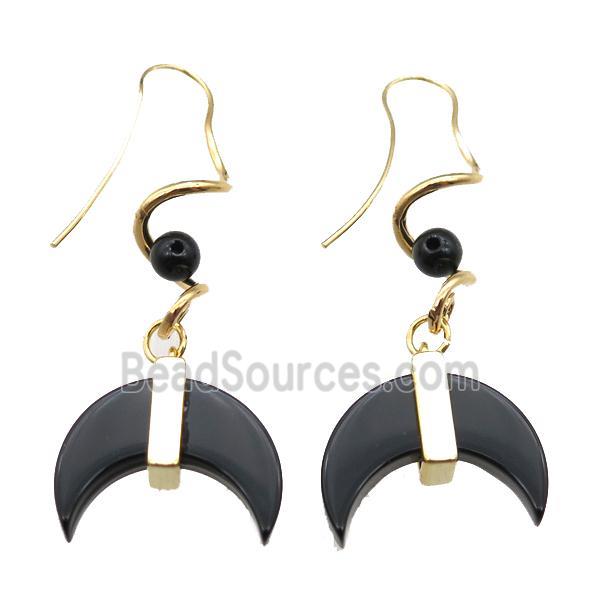 black Onyx Agate Earring, moon, gold plated