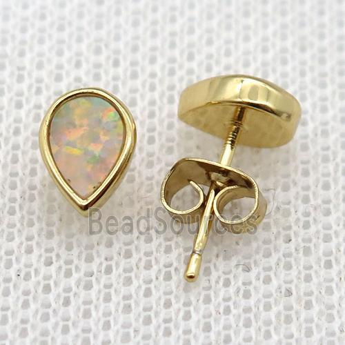 synthetic Fire Opal teardrop Stud Earrings, gold plated