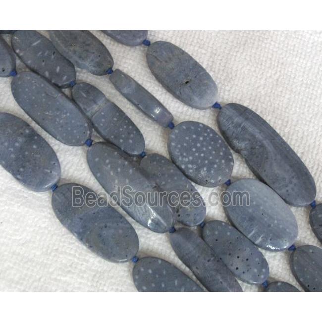 blue Coral Fossil Beads, chrysanthemum, flat oval