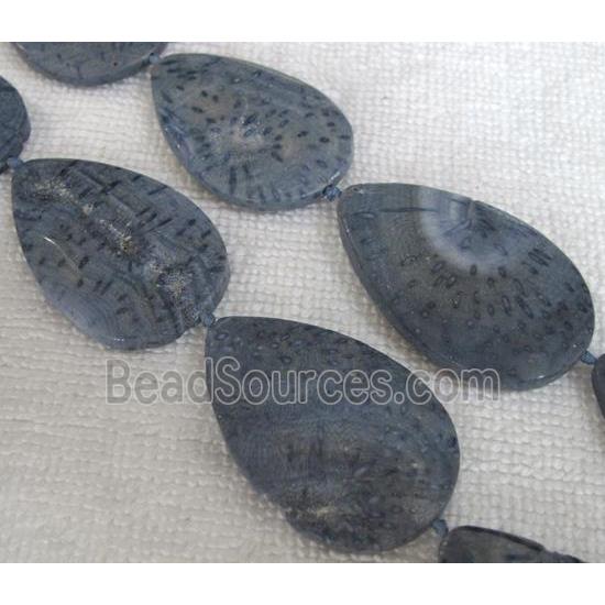 blue Coral Fossil Beads, chrysanthemum, flat teardrop