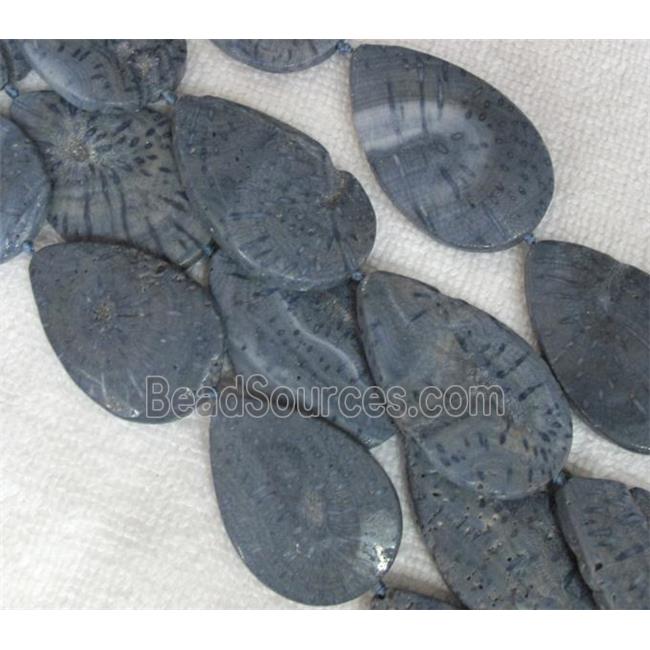 blue Coral Fossil Beads, chrysanthemum, flat teardrop