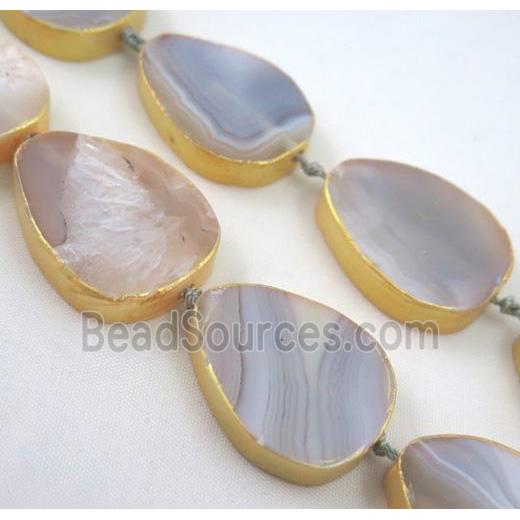 natural Agate beads, teardrop, dark-gold plated