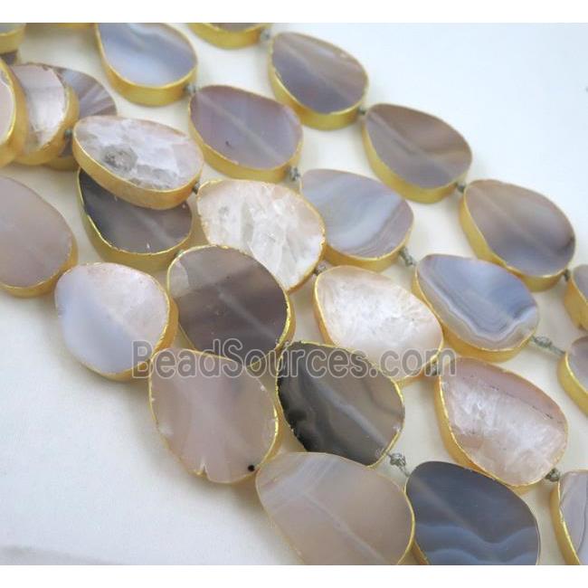 natural Agate beads, teardrop, dark-gold plated