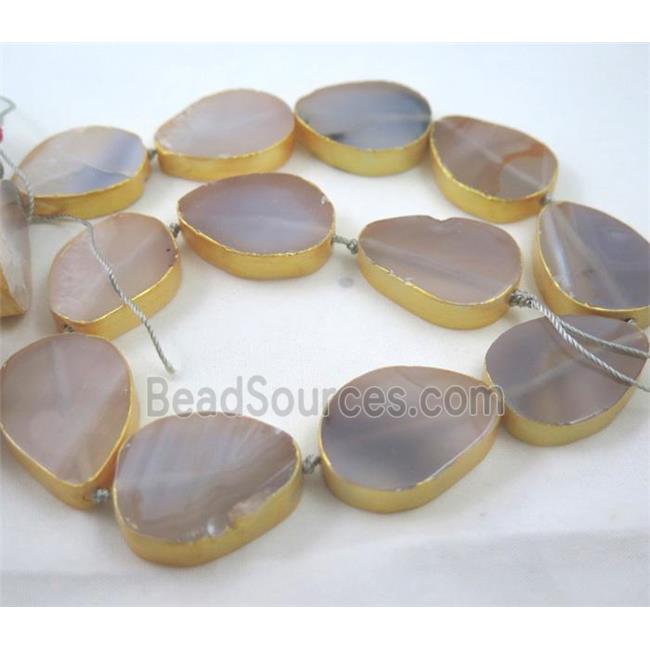 natural Agate beads, teardrop, dark-gold plated