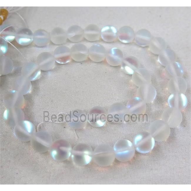 round synthetic white Mystic Aura Quartz Crystal Beads, glowing, matte