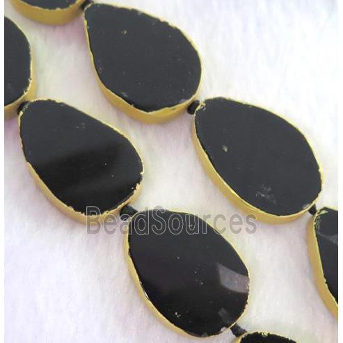 black agate bead, teardrop, gold plated