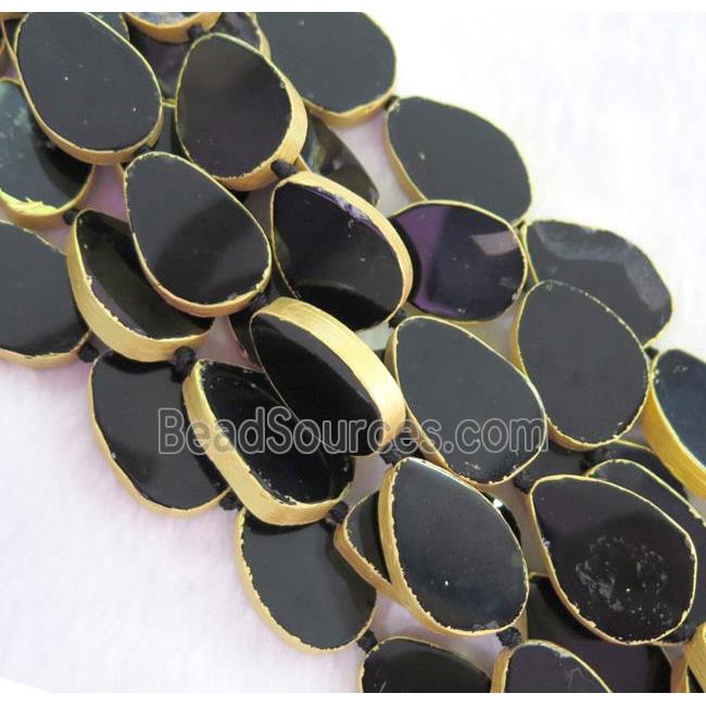 black agate bead, teardrop, gold plated