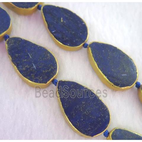 lapis lazuli bead, teardrop, gold plated