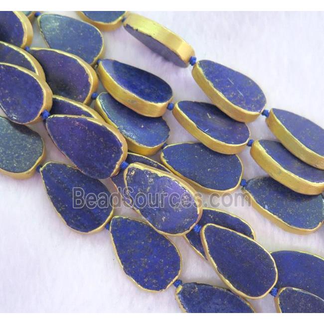 lapis lazuli bead, teardrop, gold plated