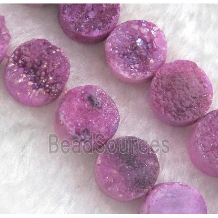 druzy quartz bead, flat round, hot-pink