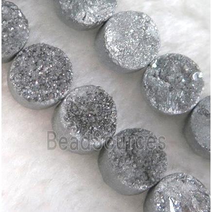 druzy quartz circle beads, silver electroplated