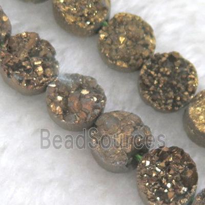 druzy quartz bead, flat round, gold electroplated