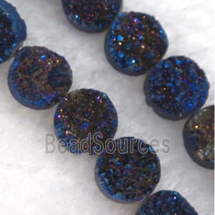 druzy quartz bead, flat round, blue electroplated