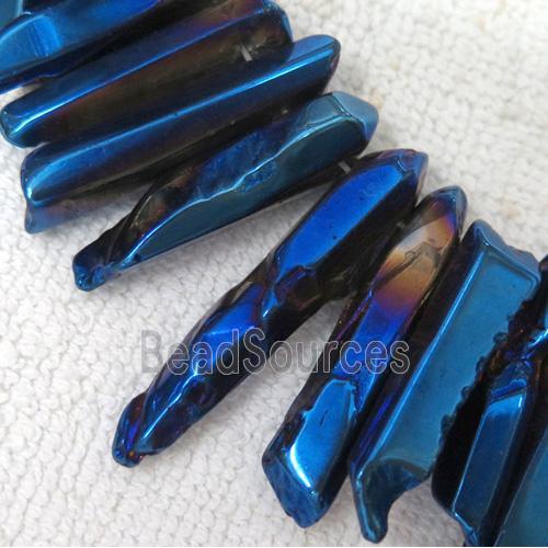 Clear Quartz stick bead for necklace, blue electroplated, polished