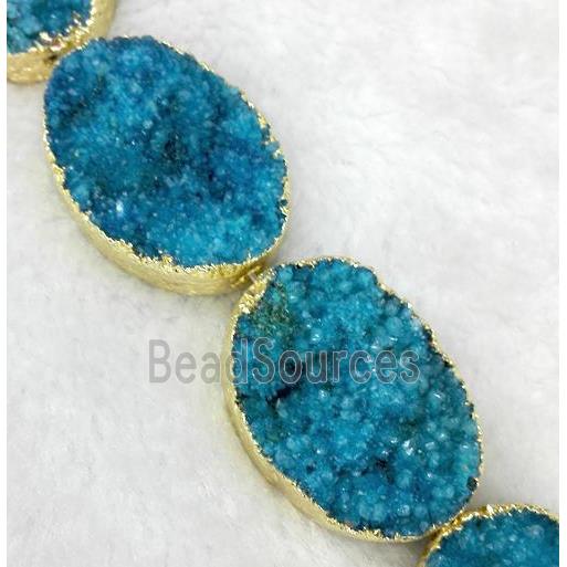 blue quartz druzy beads, oval, gold plated