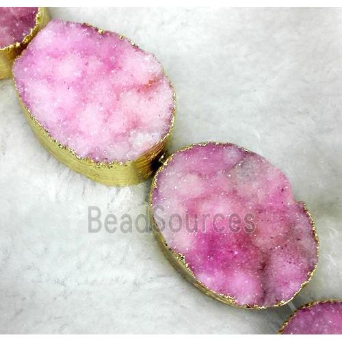 pink Druzy Quartz Beads, oval, gold plated