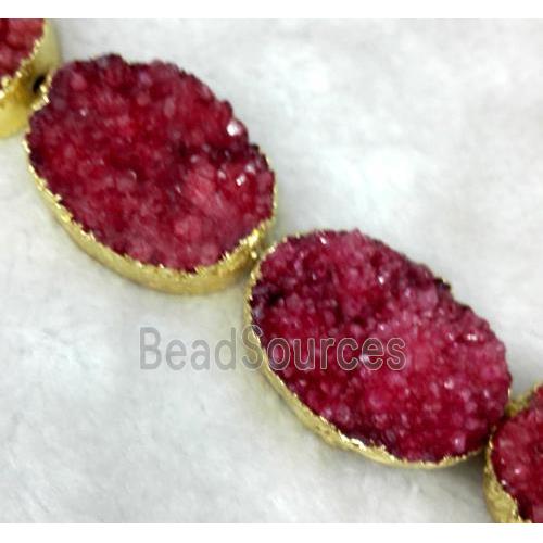 red Druzy Quartz beads, oval, gold plated