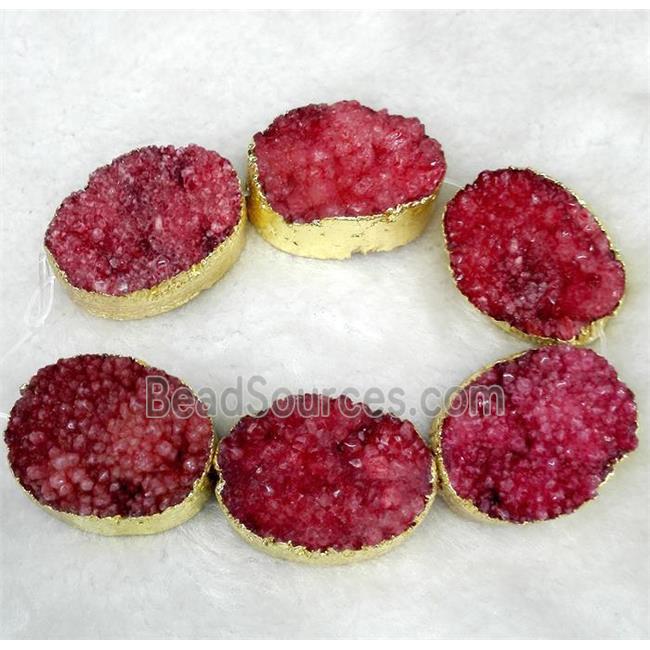 red Druzy Quartz beads, oval, gold plated