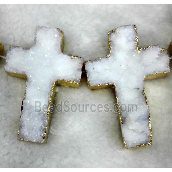 white druzy quartz cross beads, gold plated