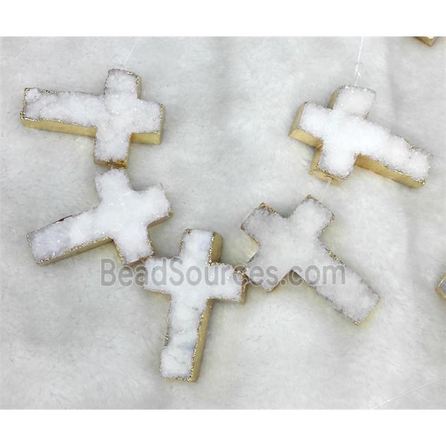 white druzy quartz cross beads, gold plated