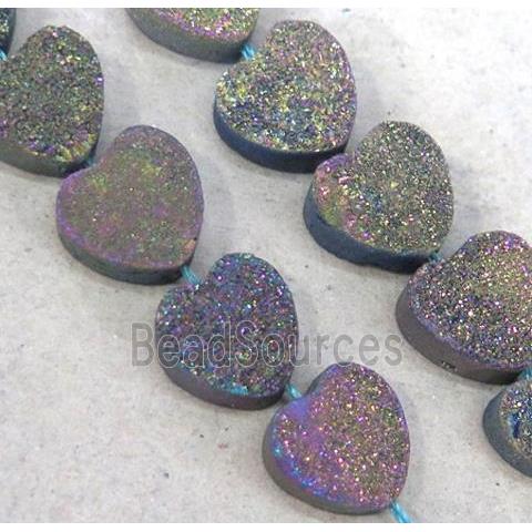 druzy quartz beads, heart, rainbow electroplated