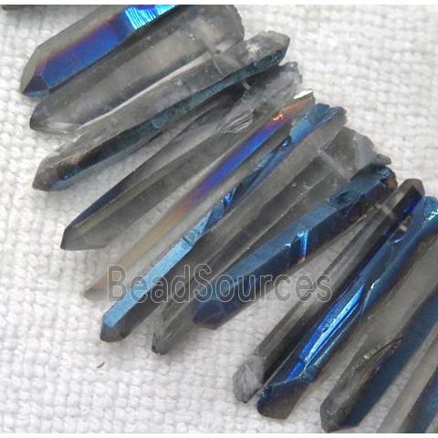 clear quartz beads, stick, half blue electroplated