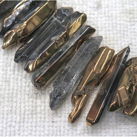 polished clear quartz beads, stick, half gold electroplated