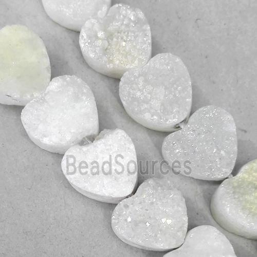 druzy quartz beads, heart, white