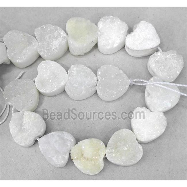 druzy quartz beads, heart, white