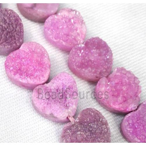 druzy quartz bead, heart, hotpink